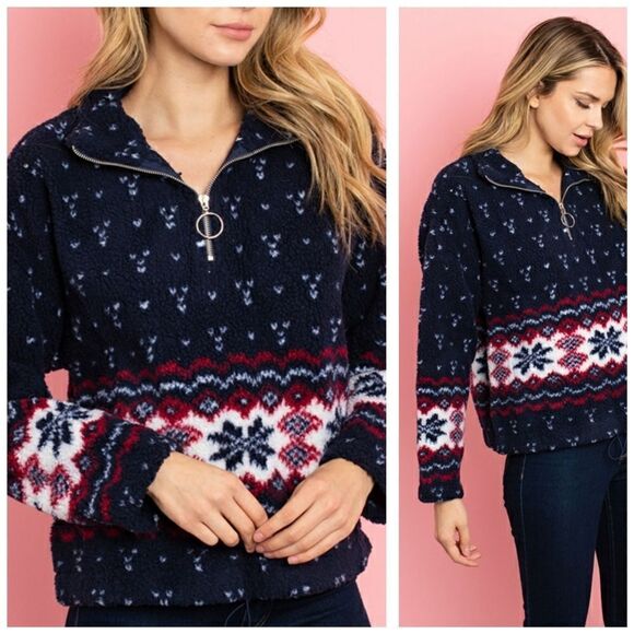 Nordic Fair-isle Sherpa Quarter Zip Cozy Pullover - Picture 2 of 9